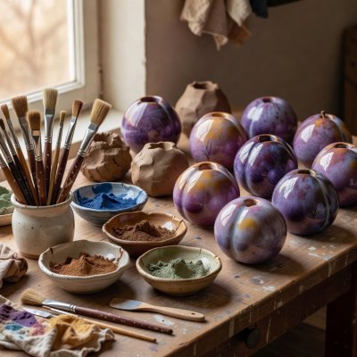 Soft-lit 3D render of the atelier workbench showing hog-bristle brushes, pigment bowls, and transformed plum vessels
