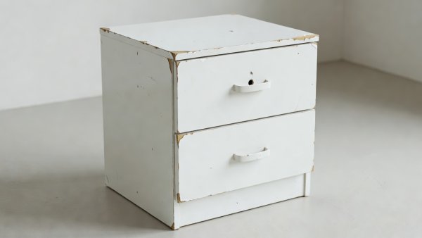 Soft-lit 3D render of a boxy white melamine bedside cabinet with chipped corners and a missing plastic handle