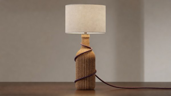 Soft-lit 3D render of the bottle wrapped in scored fluted cork with a braided plum fabric flex and linen drum shade