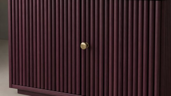 Soft-lit 3D render of the cabinet clad in vertical 12mm half-round beech dowels stained deep plum with a turned brass knob