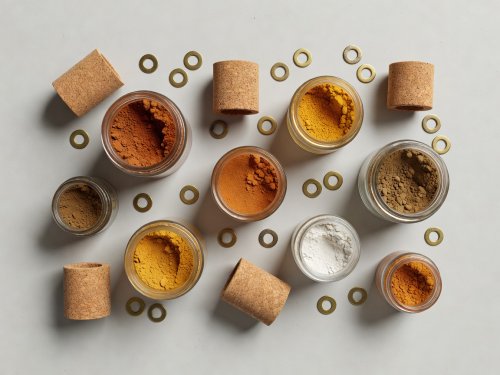 Soft-lit 3D render of glass jars filled with dry earth pigments alongside rolls of natural cork and brass washers