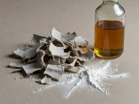 Soft-lit 3D render of shredded grey egg carton fibres, white calcium carbonate powder, and a bottle of boiled linseed oil