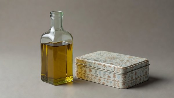 Soft-lit 3D render of a clear square olive oil bottle and a printed metal biscuit tin before upcycling