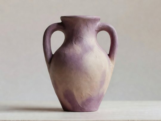 Soft-lit 3D render of a double-handled sculptural mantle ornament moulded from paper pulp clay in matte plum and sand