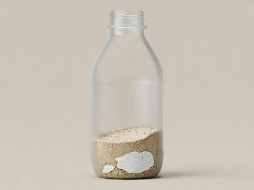 Soft-lit 3D render cross-section of a lightweight plastic bottle weighted at the bottom with builders sand and plaster of Paris